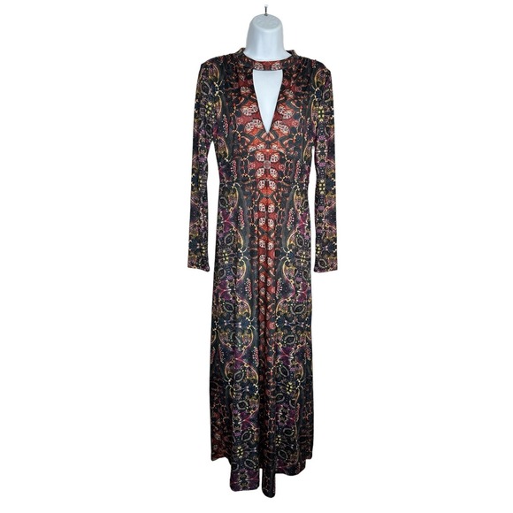 Free People Dresses & Skirts - Free People Maxi Dress Small Hippie Paisley Boho V-Neck Gypsy Jewel Cutout L/S